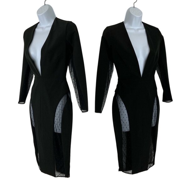 House Of CB Niida Black Sheer Panel Bodycon Dress XS Deep V-Neck Midi Party - Picture 3 of 12